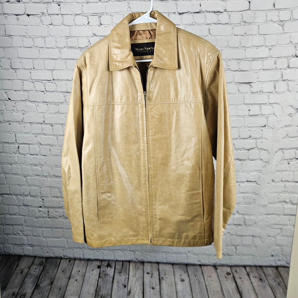 Marc New York Andrew Marc Mens Small Tan Beige Leather Full Zip Jacket Outerwear